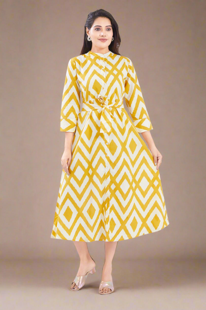 Yellow Cotton Jaipuri Printed Midi Dress