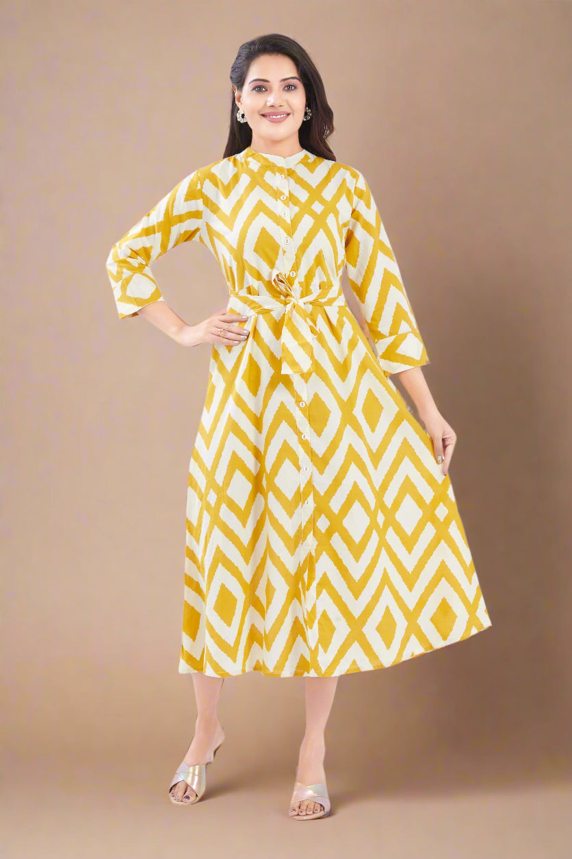 Yellow Cotton Jaipuri Printed Midi Dress