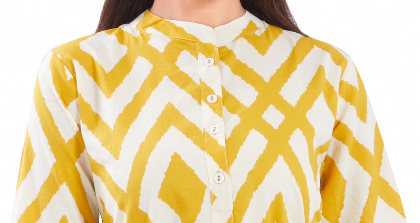 Yellow Cotton Jaipuri Printed Midi Dress