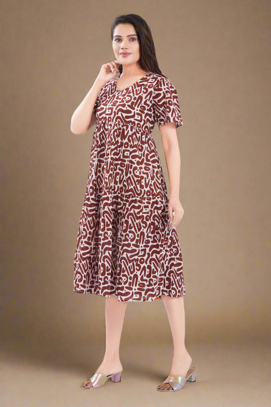 Brown Cotton Jaipuri Printed Midi Dress
