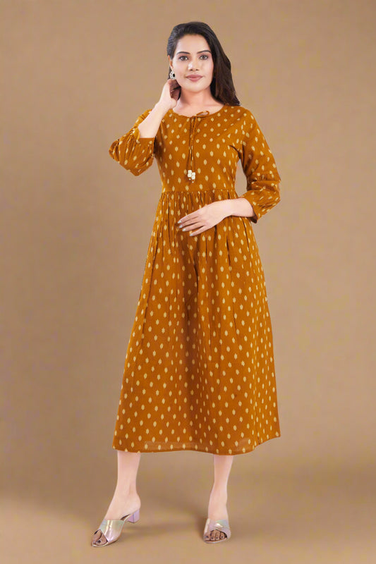 Mustard Cotton Jaipuri Printed Midi Dress