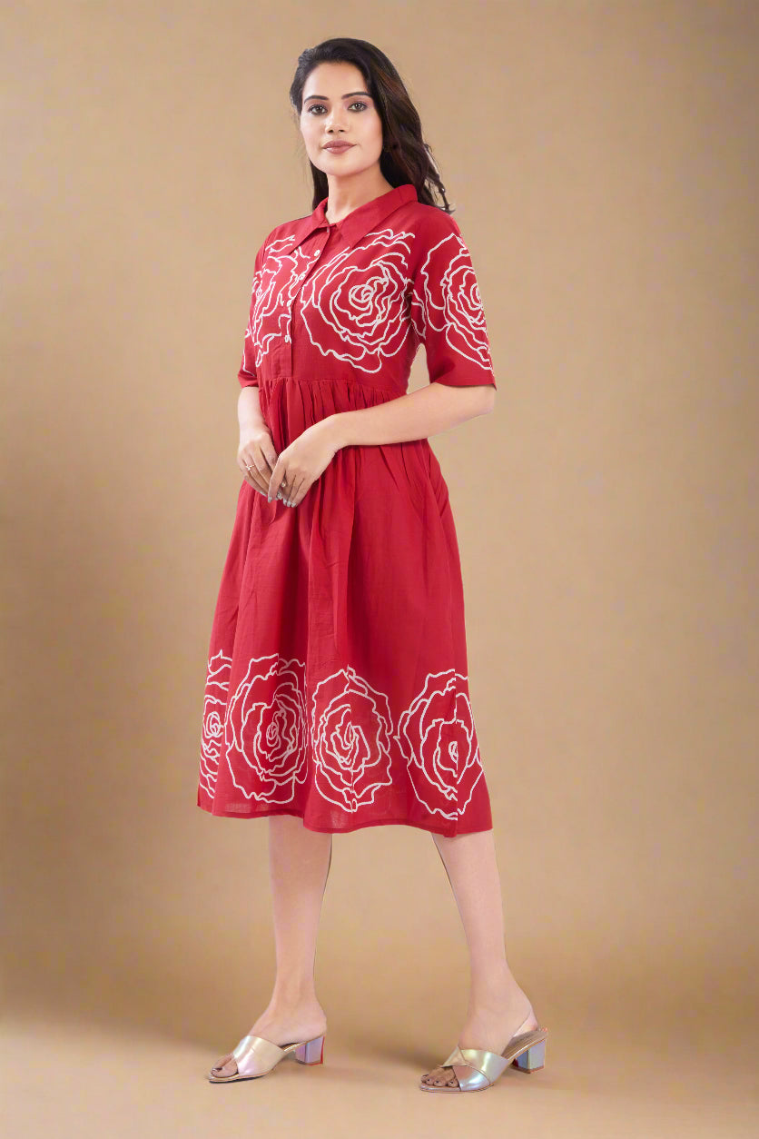 Red Cotton Jaipuri Printed Midi Dress