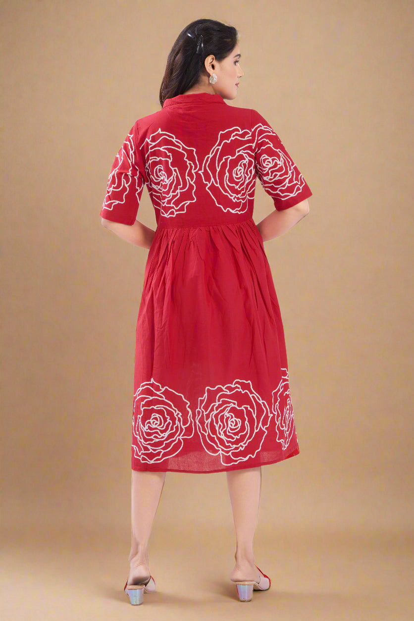 Red Cotton Jaipuri Printed Midi Dress