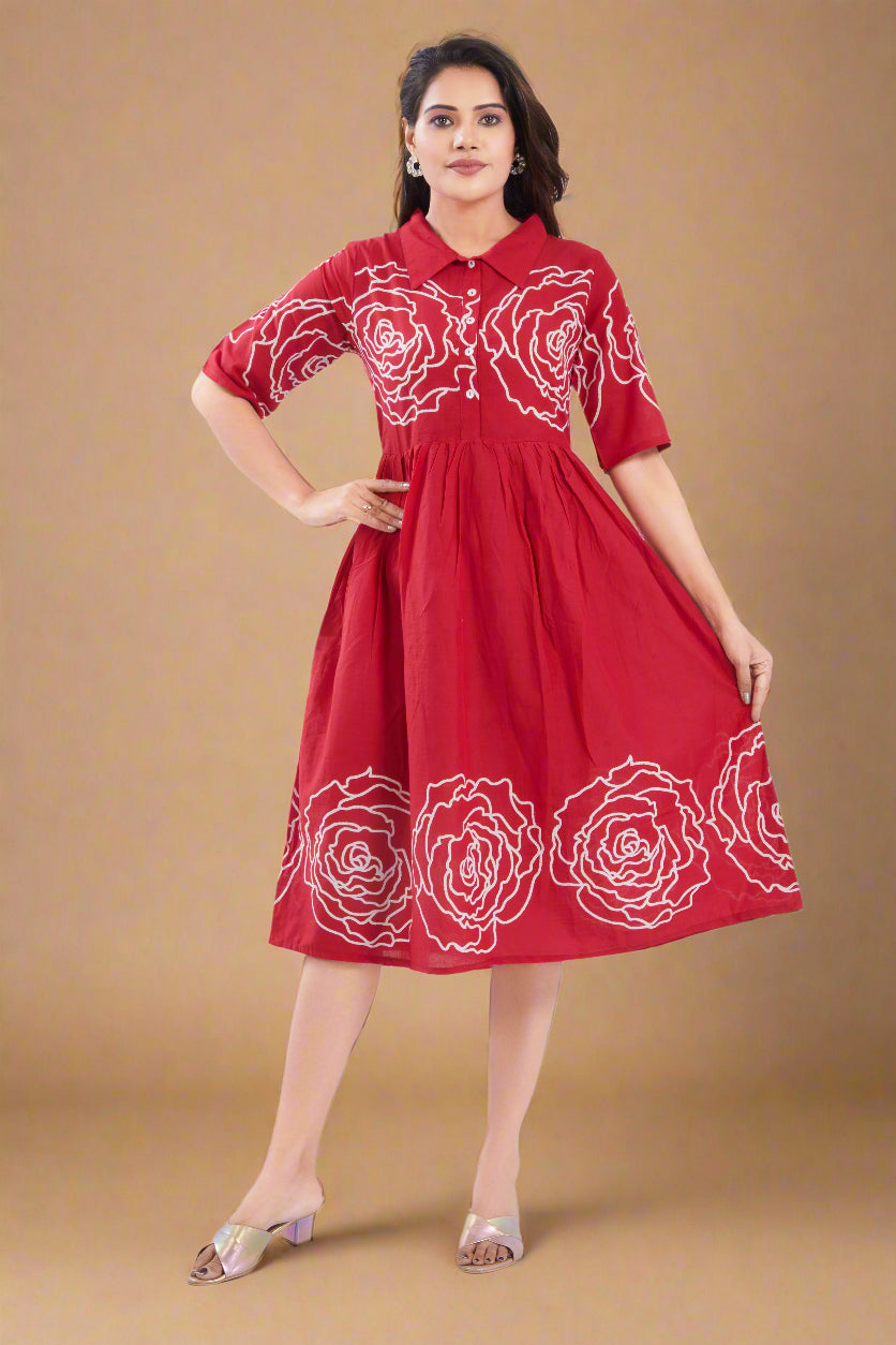 Red Cotton Jaipuri Printed Midi Dress
