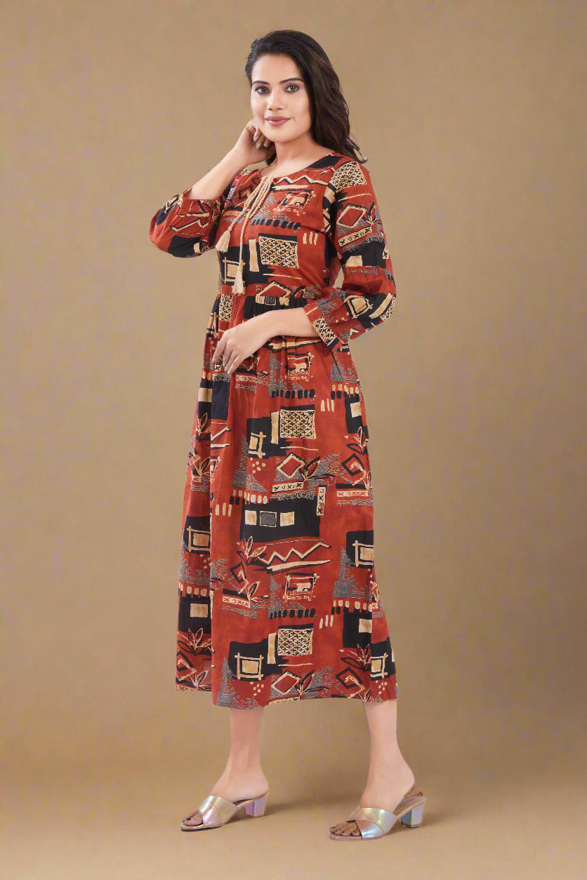 Rust Cotton Jaipuri Printed Midi Dress