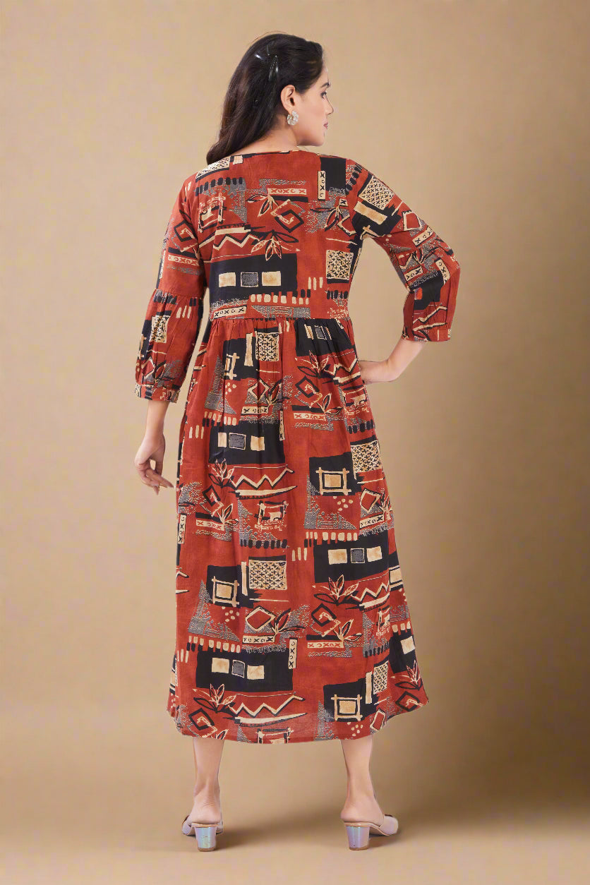 Rust Cotton Jaipuri Printed Midi Dress