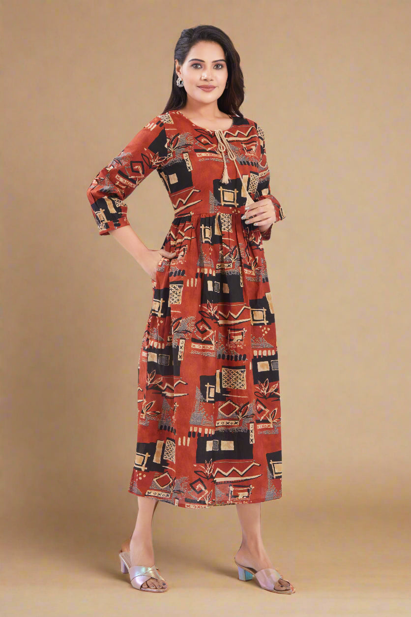 Rust Cotton Jaipuri Printed Midi Dress