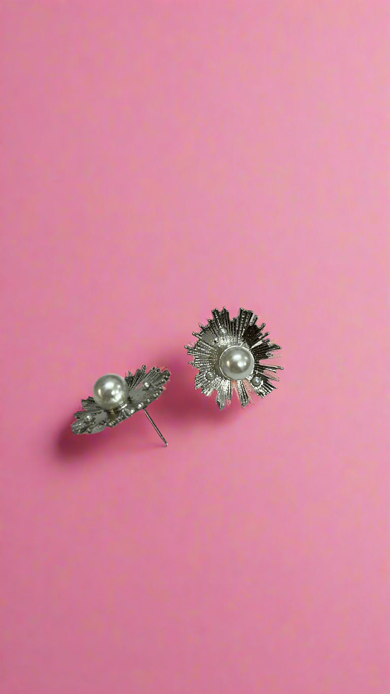 Radiant Silver Burst Pearl Stud Earrings