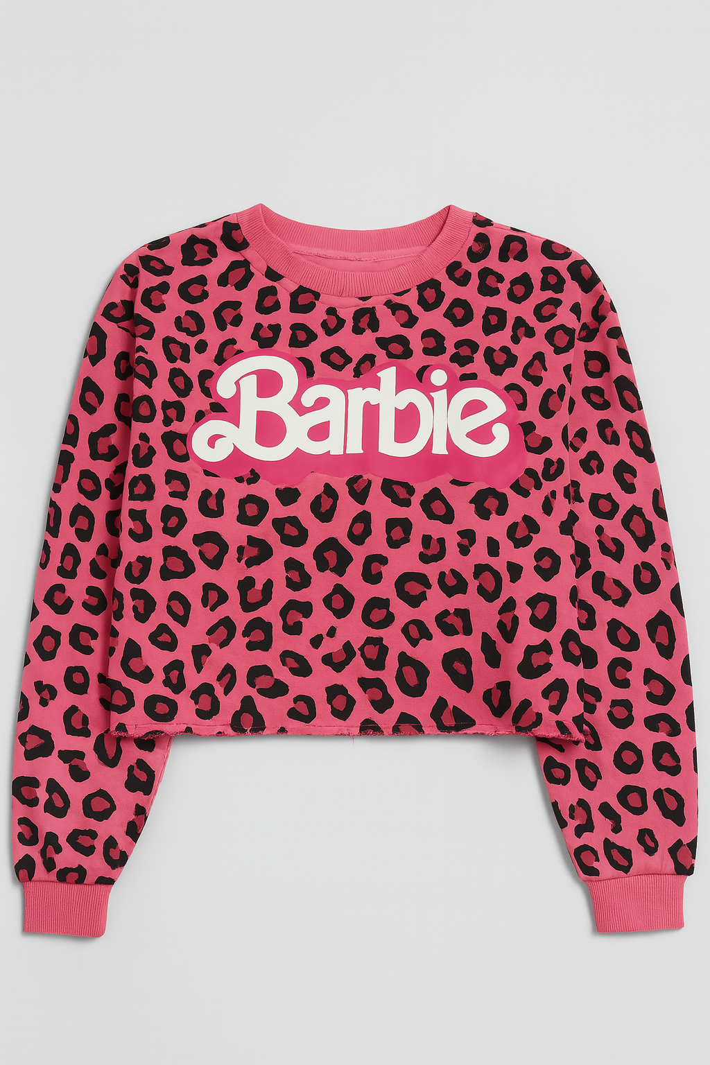 Barbie Pink Leopard Print Cropped Sweatshirt with Raw Hem
