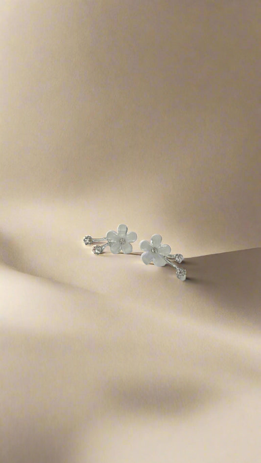 White Floral Crystal Drop Stud Earrings – Silver Tone