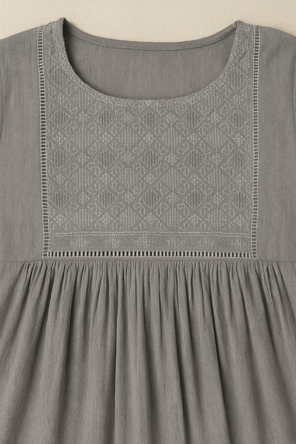 Women's Grey Crush Rayon Blend Gathered Top with Embroidered Yoke