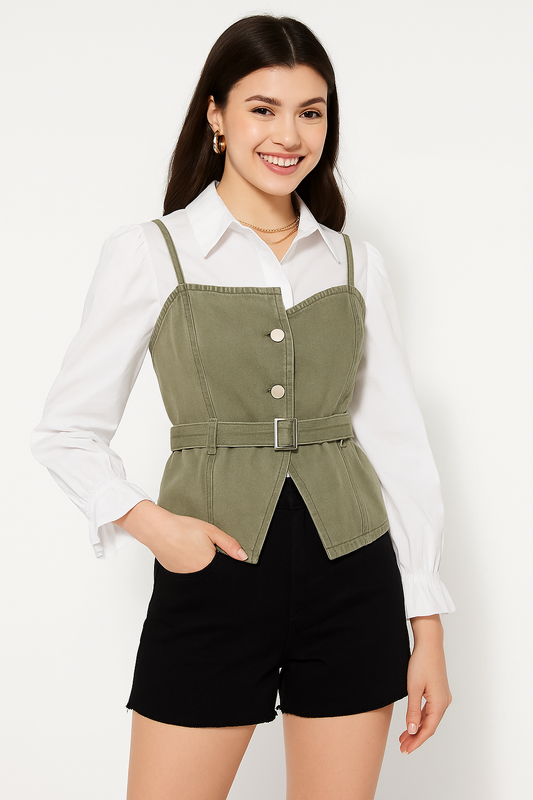 Olive Buckle-Up Corset Layered Shirt Top Set