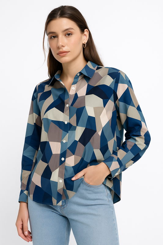Geometric Illusion Button-Down Shirt for Women