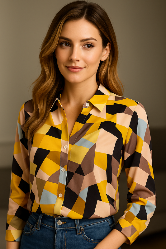 Retro Vibe Geometric Button-Down Shirt for Women