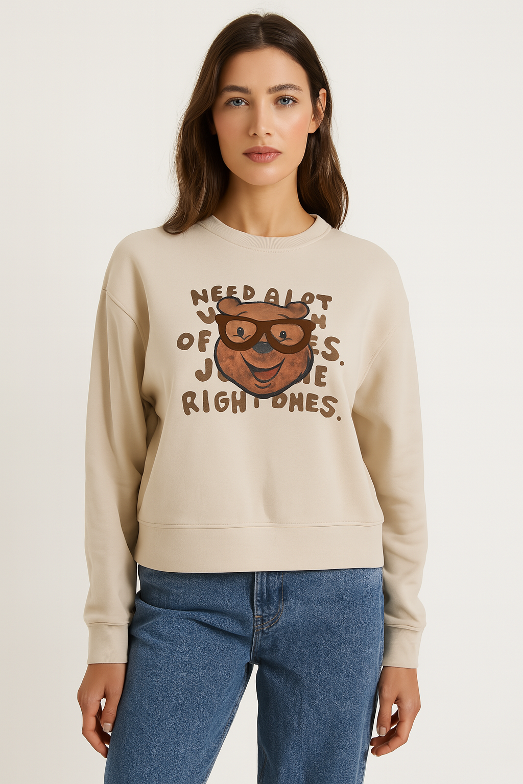 Beige Graphic Sweatshirt with Quirky Bear Print & Quote