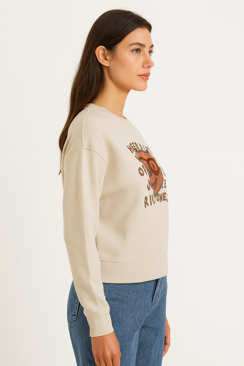 Beige Graphic Sweatshirt with Quirky Bear Print & Quote